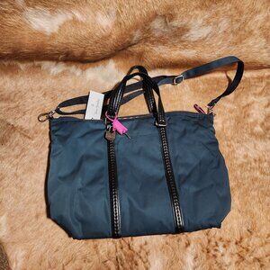 NWT Vera Bradley Midtown  Blue Nylon Tote Bag With Striped Lining & Leather Acce